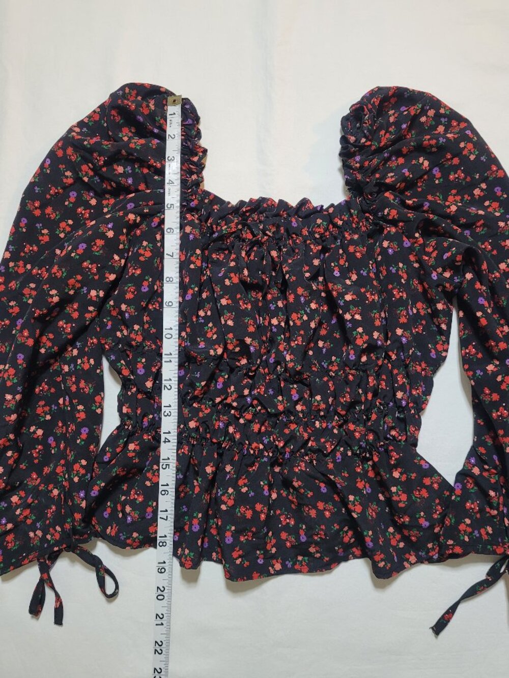 Topshop Floral Puff Sleeve Smocked Crop Blouse Top Peplum Square Neck Black - Picture 9 of 10